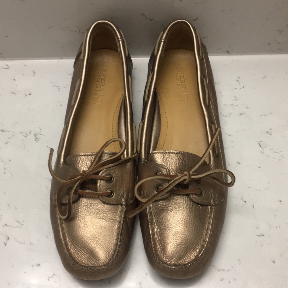 Metallic gold bronze boat shoes